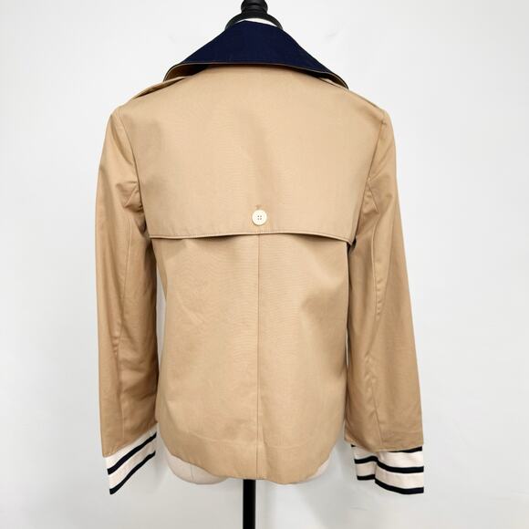 J. Crew Womens Crop Trench Coat Size 2 Tan Blue Nautical Preppy Jacket Stripes - Picture 9 of 16